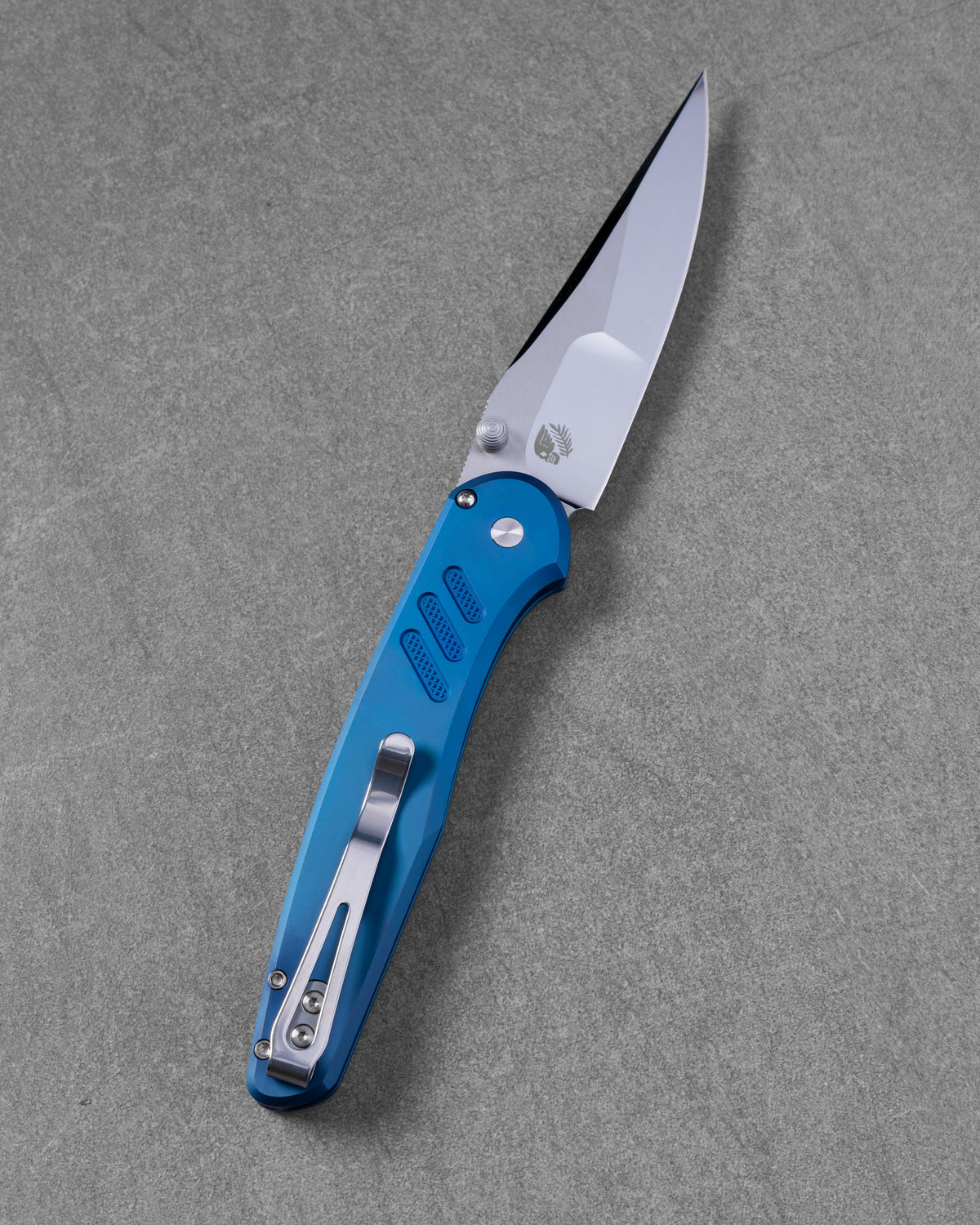 Pro-Tech Duke x Peace Neighbor CCKS Fall 2026 Exclusive Custom Avalon (2026 Avalon Custom 011) - Sapphire Blue Knurled 17-4 Heat Treated Steel Handle - Mirror Polished Mike Irie Compound Ground 154CM Blade - Pearl Button - Satin Thumb Studs /40