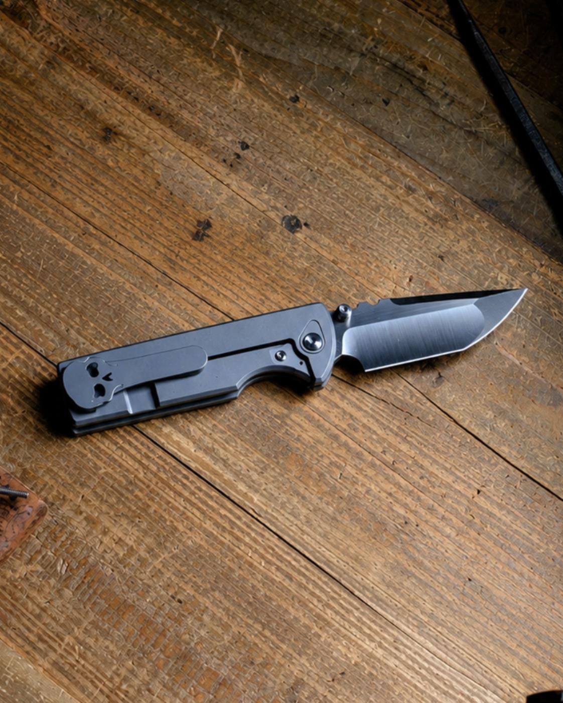 Chaves Knives-Chaves Knives N.T.A.K. Integral Frame Lock - Stonewash Titanium Handles - Belt Satin M390 Tanto Blade-4-Urban Cutlery