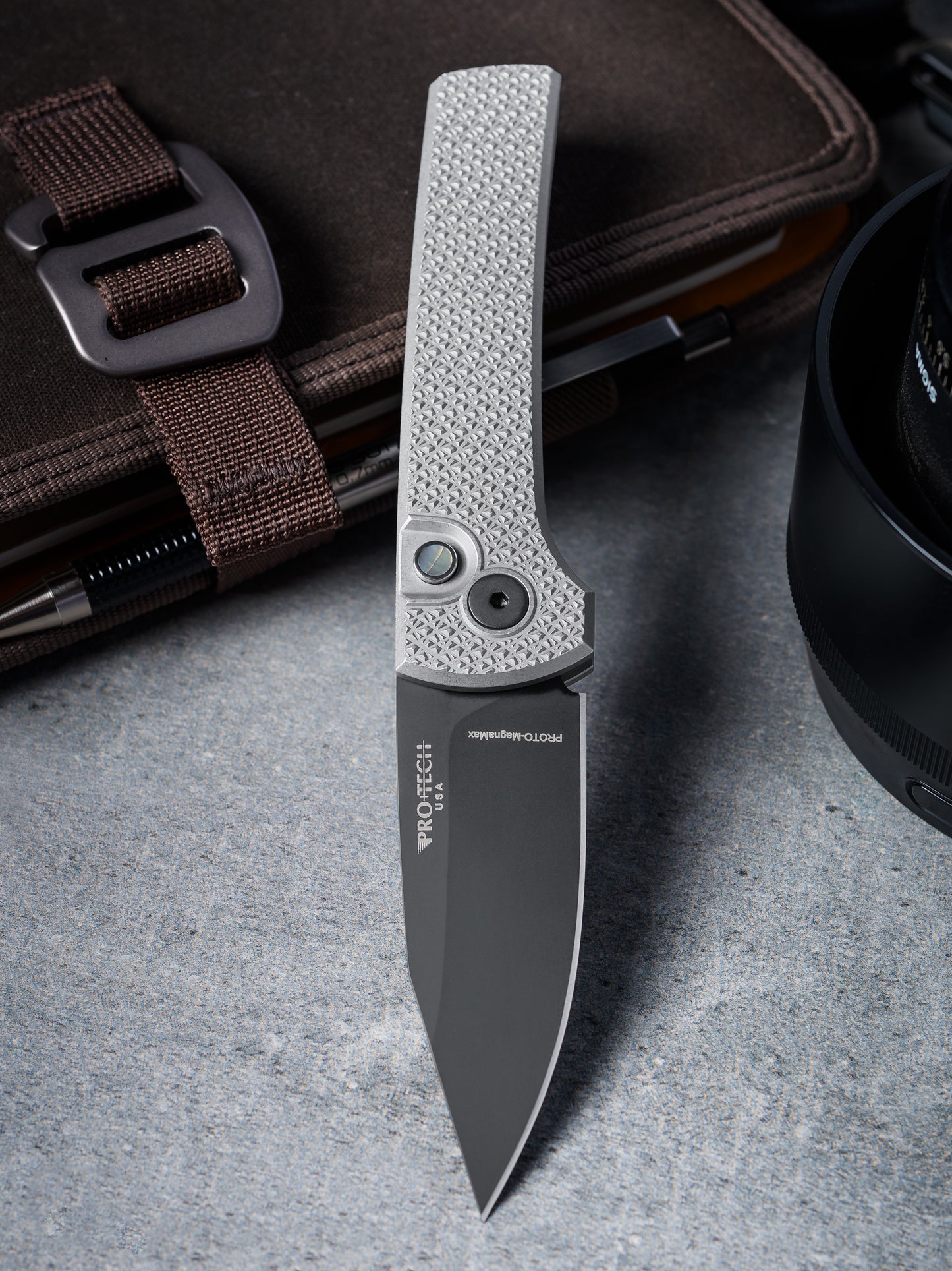 Chaves Knives-Pro-Tech Custom Scapegoat (2026 Scapegoat Compact Custom 002) Blade Show Texas 2026 Exclusive Scapegoat Auto - Blasted & Stonewashed 17-4 CARBIDE Textured Handles - DLC Black MAGNAMAX Blade - Black Lip Pearl Button-4-Urban Cutlery
