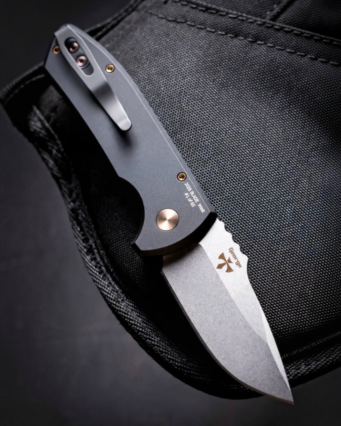 Pro-Tech x Les George BSW26.SBR.1 Blade Show West Exclusive SBR AUTO - Smooth Black Handle - Stonewash s35vn Blade - Mosaic Pin Button - Rose Gold Hardware /65