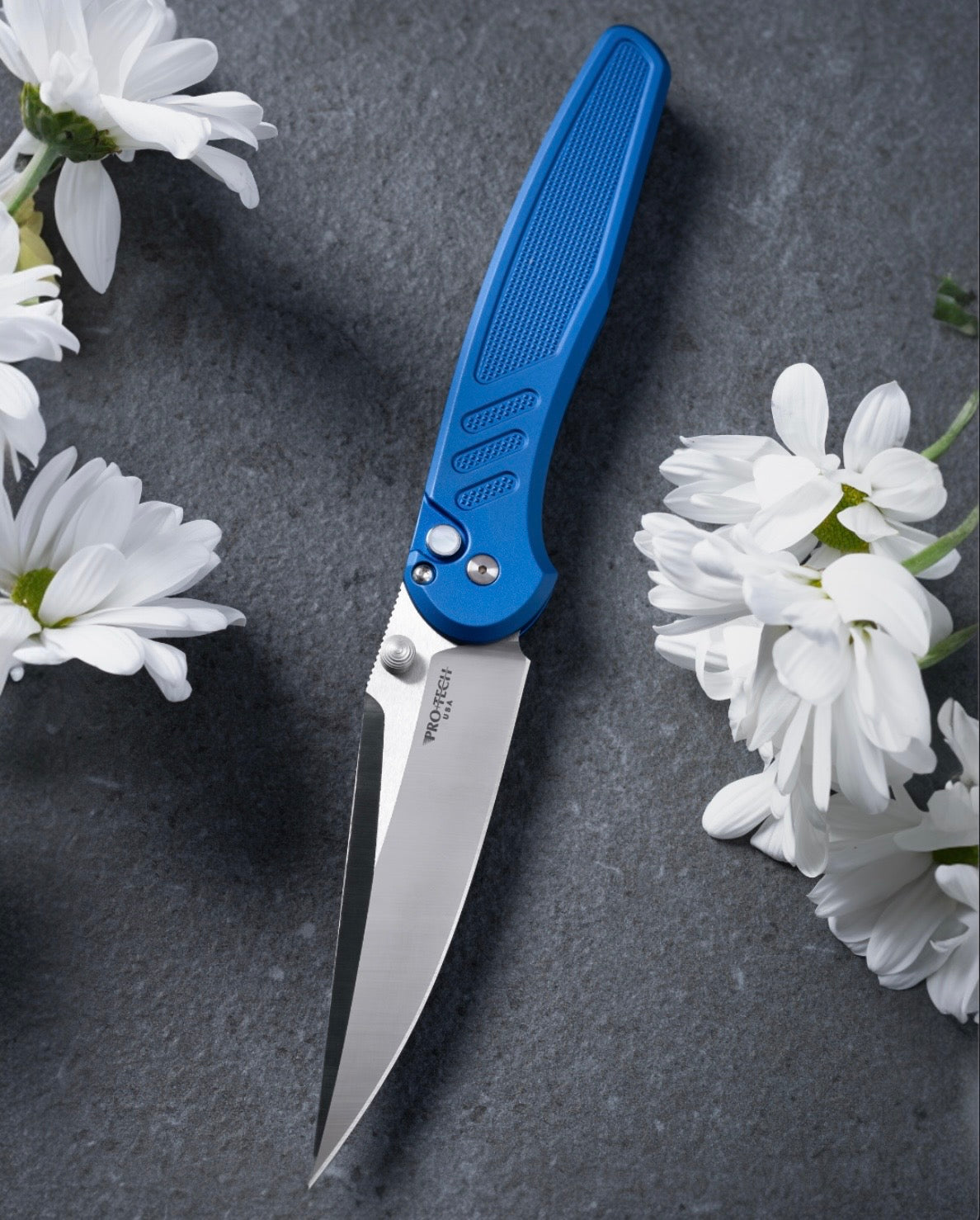 Pro-Tech x Peace Neighbor Avalon PN1100.LTD.Blue - Knurled Blue Aluminum Handle - Machine Satin Magnacut Blade - White Pearl Button - Satin Thumb Studs and Hardware - Polished Long Deep Carry Clip
