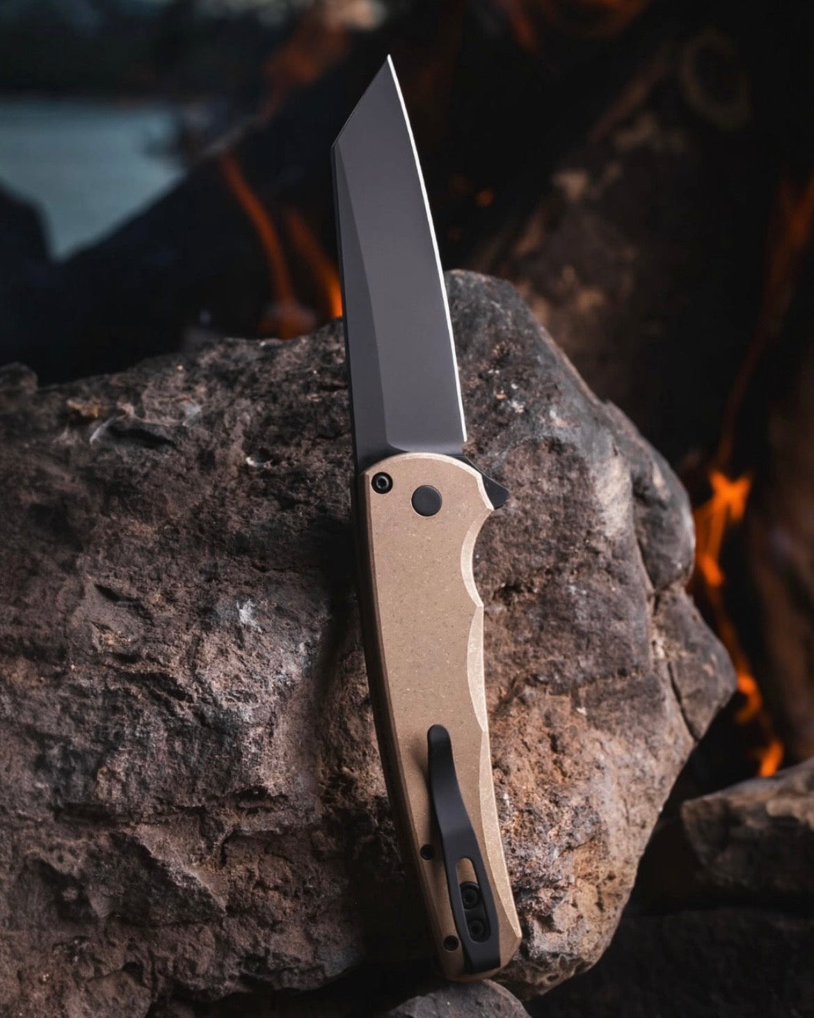 Pro-Tech 5413 Malibu - Solid AlBronze Handle - DLC Black Reverse Tanto Blade - Black Lip Button