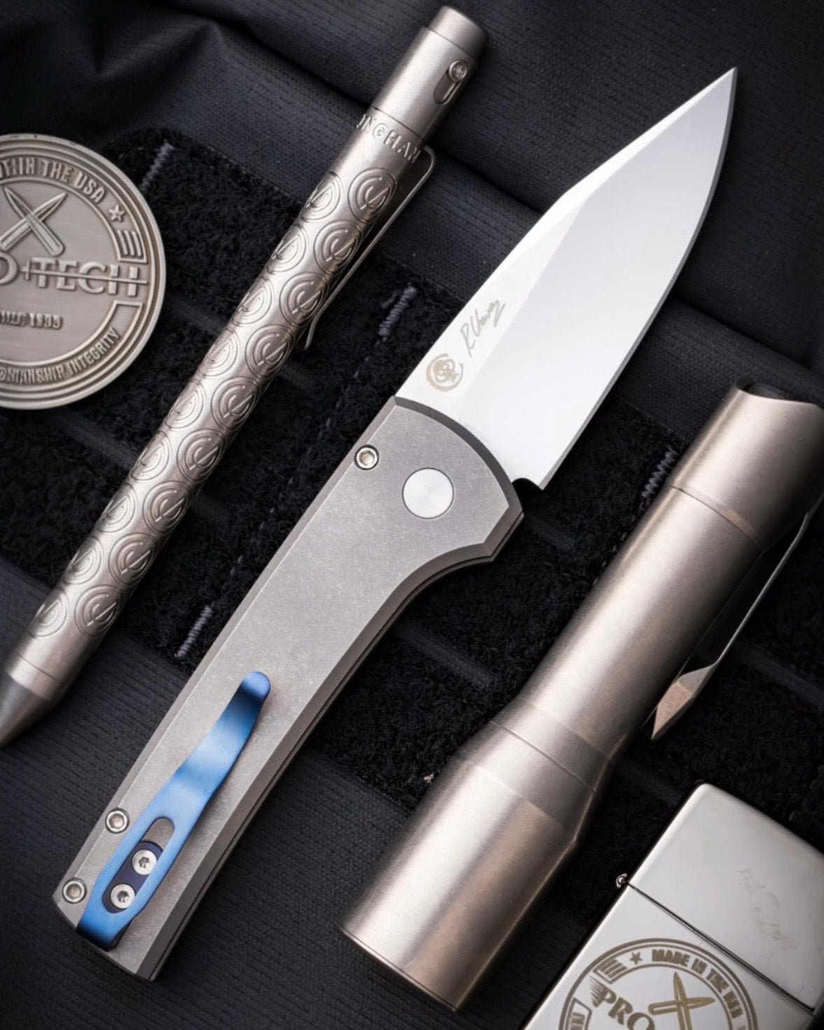 Pro-Tech x Chaves Custom Scapegoat (2026 Scapegoat Compact Custom 001) Blade Show Atlanta 2026 Exclusive Scapegoat Auto - Blasted & Stonewashed 17-4 Handles - Mike Irie Compound Ground 154cm Blade - Black Lip Pearl Button - Blue Ano Ti Clip