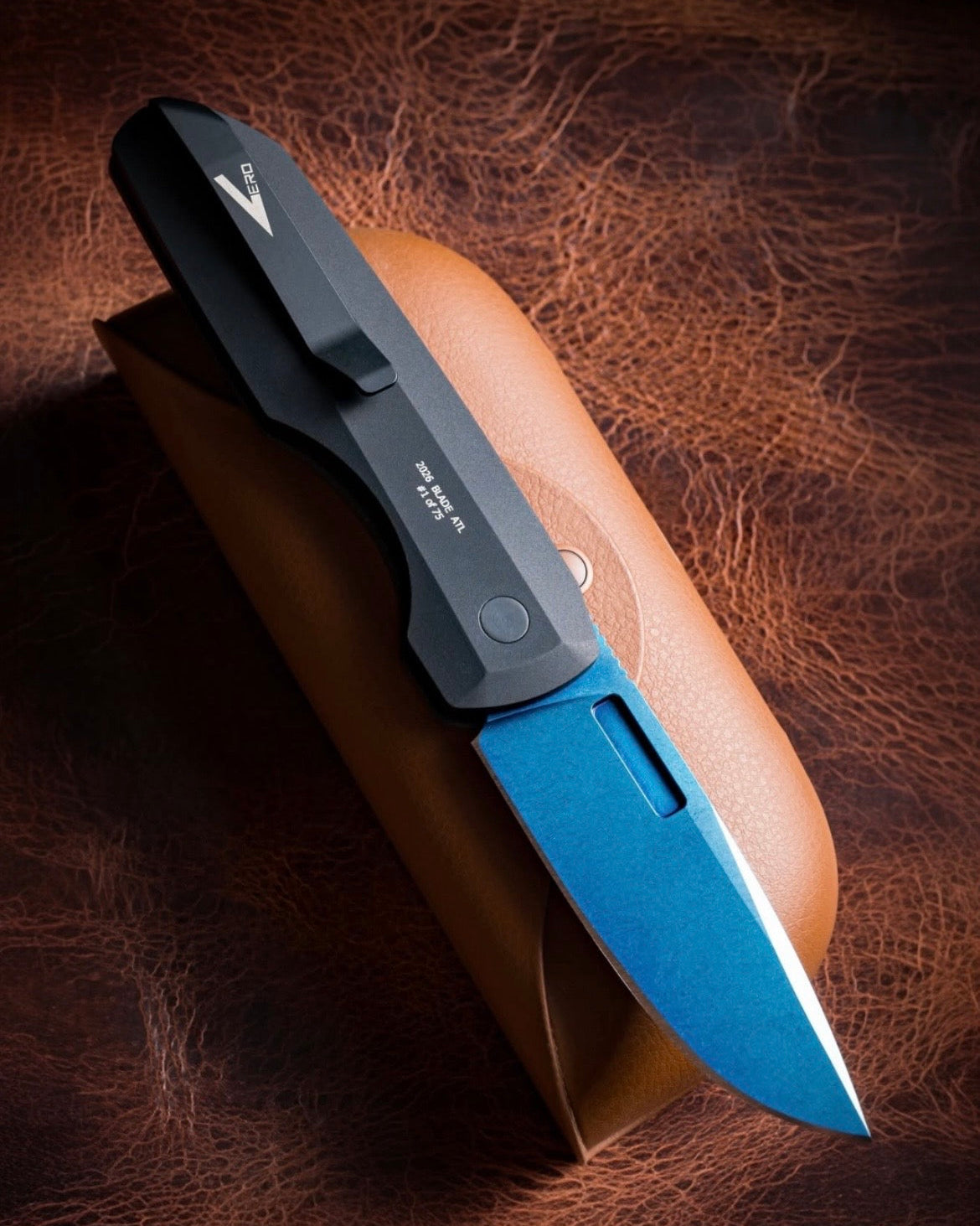 Pro-Tech BSA26.VERO.1 Vero Synapse 2 Auto - Black Aluminum and Blue Linen Micarta Handle - Sapphire Blue Magnacut Blade - Abalone Button - DLC Black Clip /75