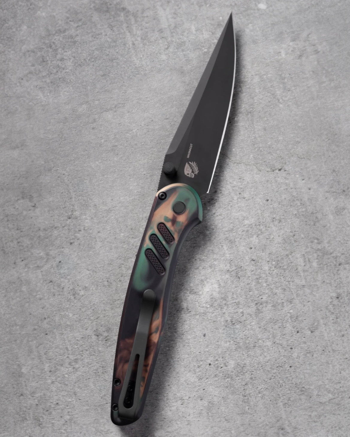 Pro-Tech x Peace Neighbor Avalon PN1103.SHIPWRECK - Knurled "Shipwreck" Aluminum Handle - DLC Black Magnacut Blade - Black Lip Pearl Button - Black Thumb Studs and Hardware - Black Long Deep Carry Clip
