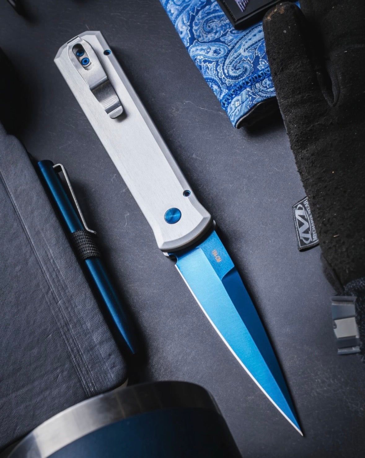 Pro-Tech BSA26.Godfather.2 Blade Show Atlanta 2026 Godfather AUTO - Satin Finished Silver Handles - Sapphire Blue PVD 154CM Blade - Sapphire Blue Hardware /175