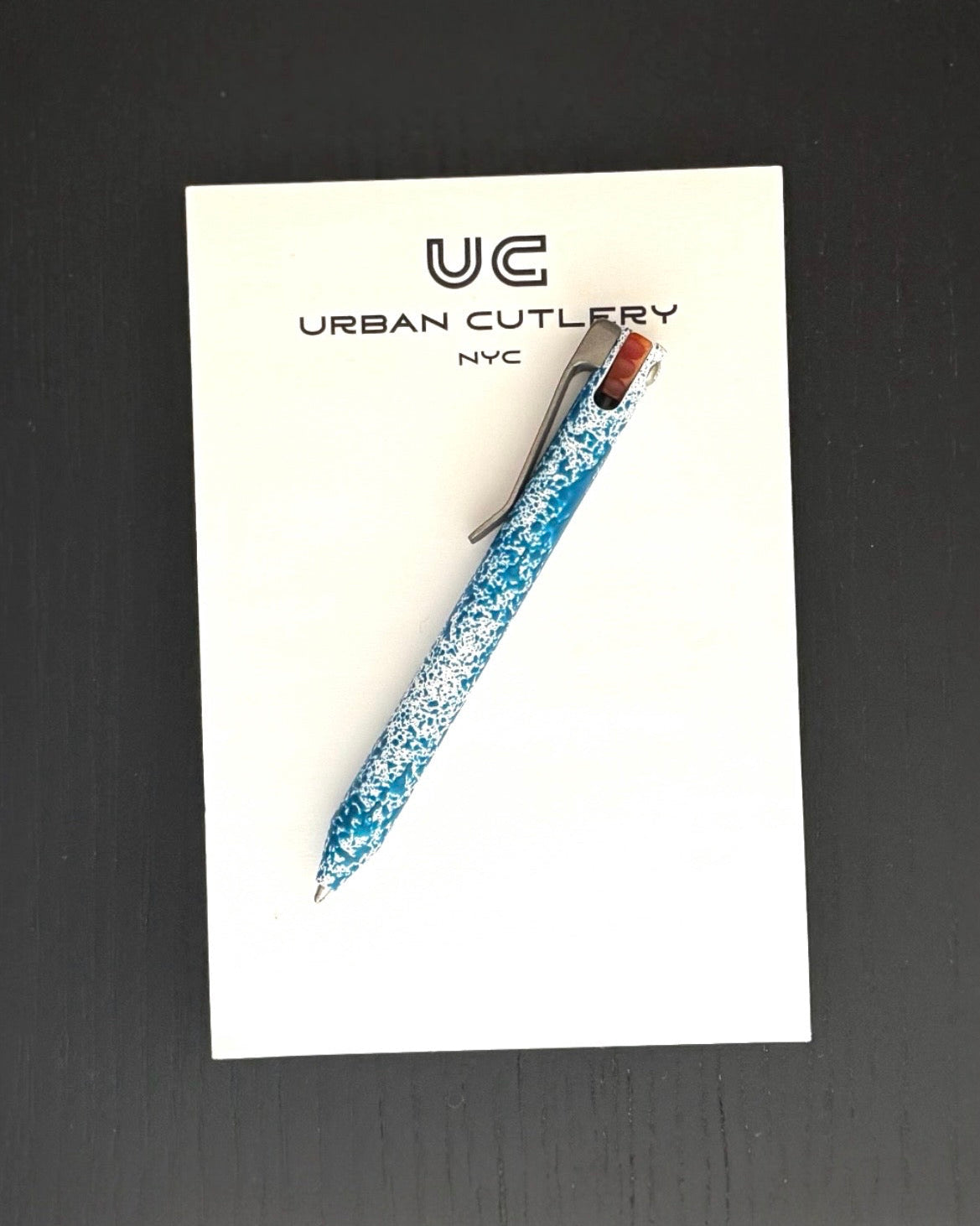 Maverick Customs flipper universal (mini) Pen - Blue/White Splatter Aluminum - Butterscotch Micarta Flipper - Milled Ti Clip