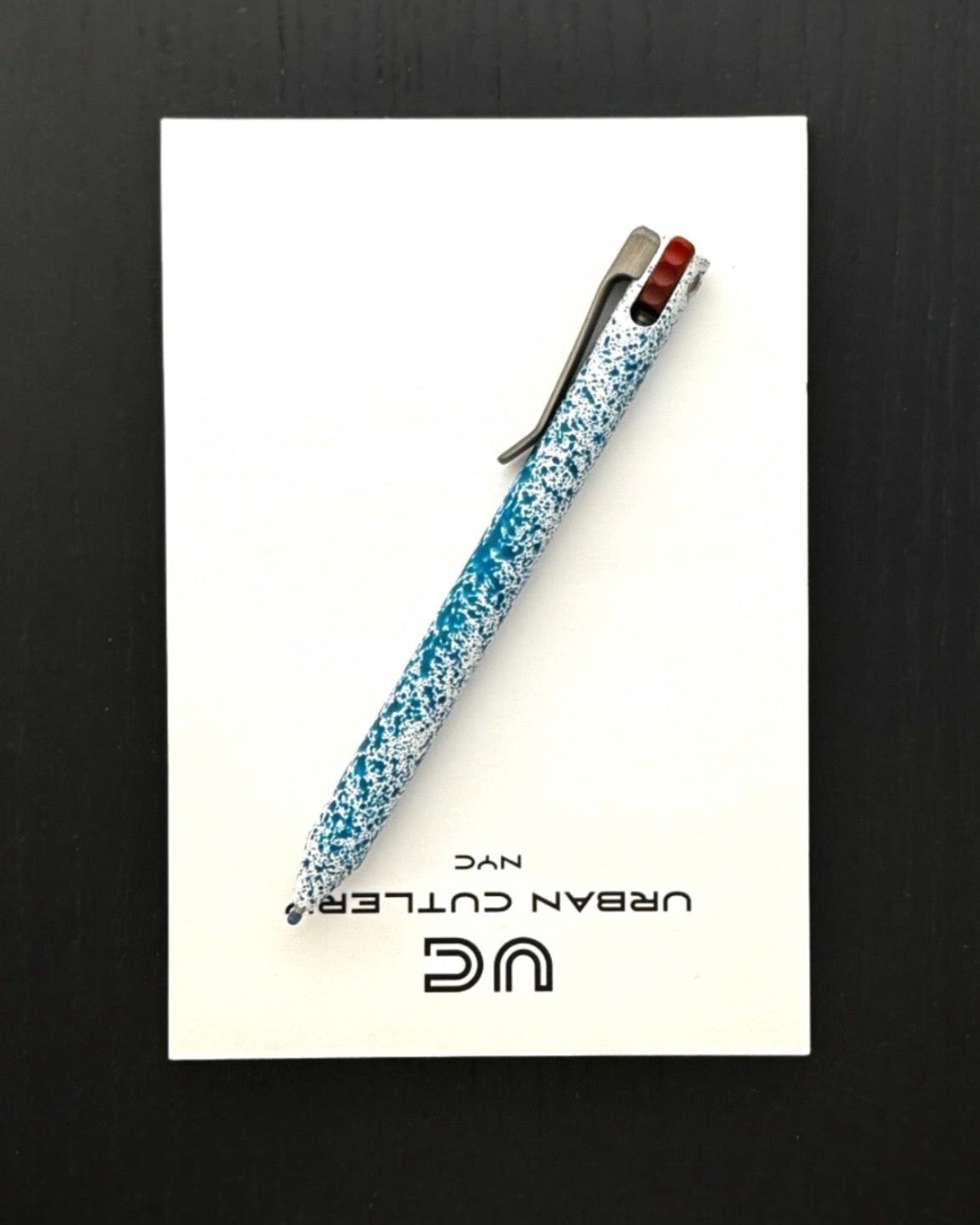 Maverick Customs Flipper Universal Pen - Blue/White Splatter Aluminum - Butterscotch Micarta Flipper - Milled Ti Clip