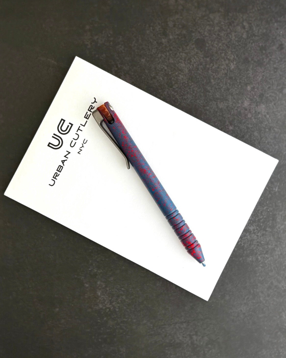 Maverick Customs-Maverick Customs Flipper Universal Pen - Blue/Red Splatter Aluminum - Butterscotch Micarta Flipper - Milled Ti Clip-2-Urban Cutlery