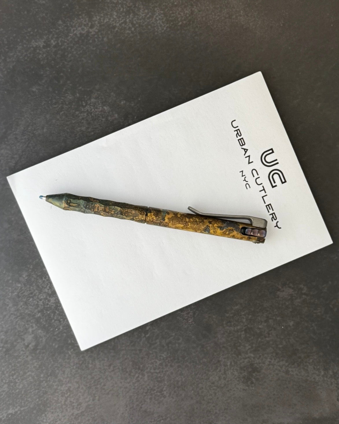 Maverick Customs-Maverick Customs Flipper Universal Pen - Half Sculpted Shipwrecked Brass - Ti Flipper - Milled Ti Clip-5-Urban Cutlery