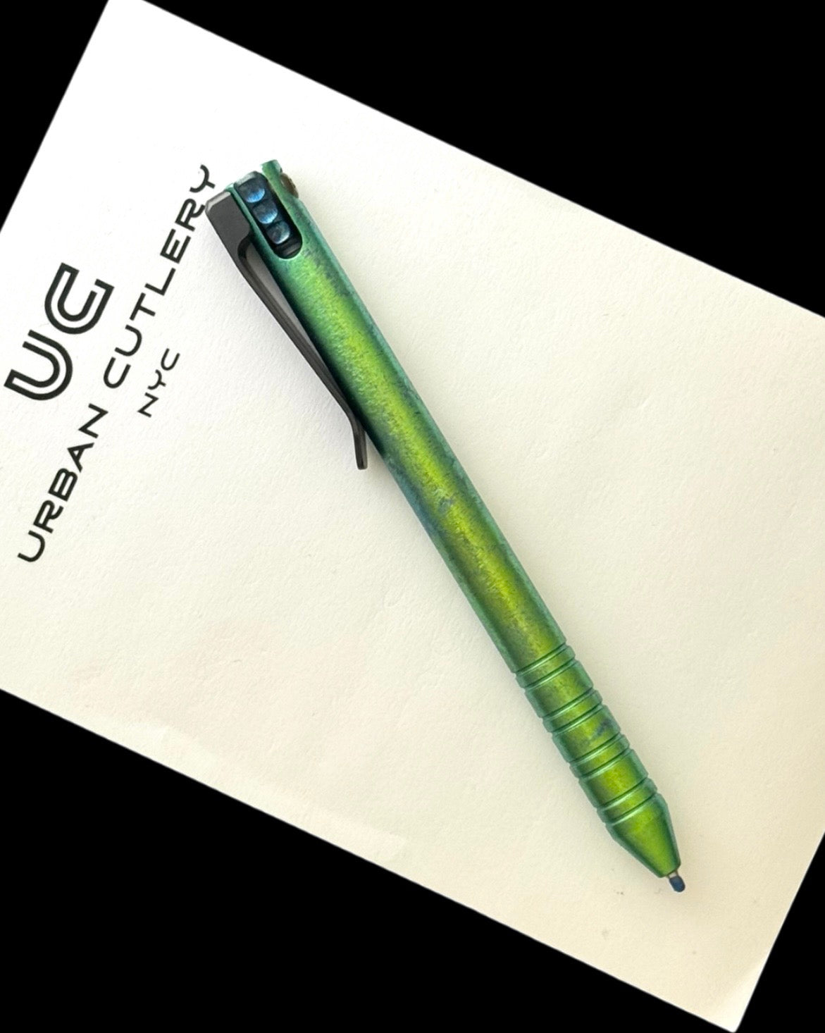Maverick Customs-Maverick Customs Flipper Universal Pen - Ringed Crystalized Ti - Timascus Flipper - Zirconium Milled Clip-4-Urban Cutlery
