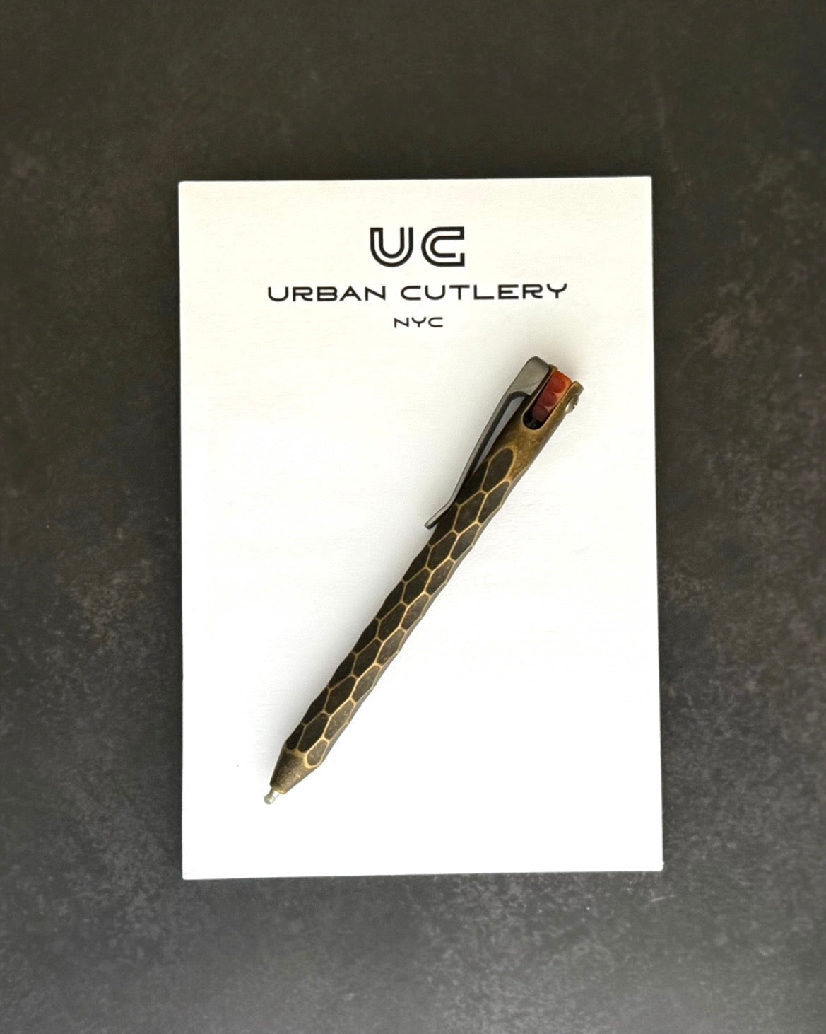 Maverick Customs-Maverick Customs flipper universal (mini) Pen - Fully Sculpted Brass - Butterscotch Micarta Flipper - Milled Ti Clip-4-Urban Cutlery