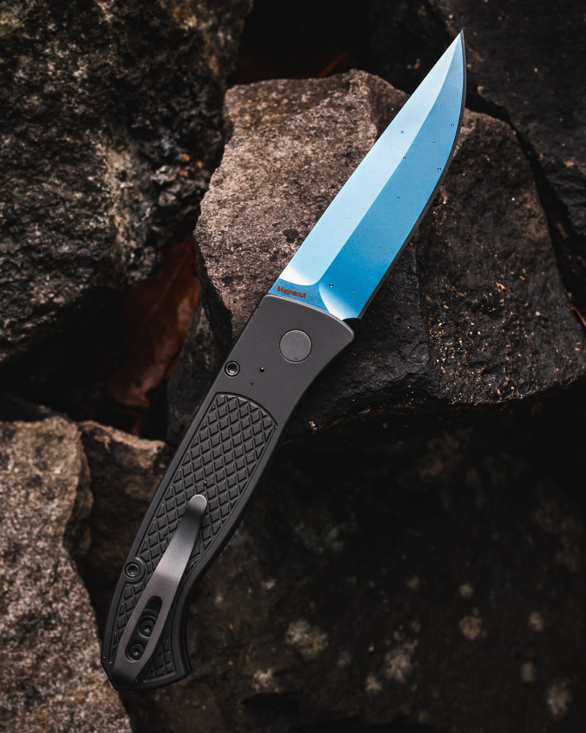 Pro-Tech WB1106.SB Brend Classic Auto - Diamond Textured Black Handles - Sapphire Blue Magnacut Blade - Abalone Button - Black Hardware