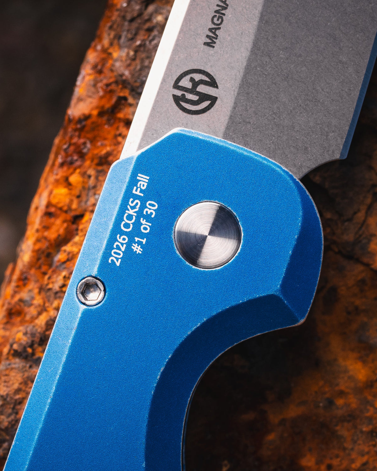 Pro-Tech CCKSF26.Slimfoot.1 CCKS Fall 2026 Exclusive Slimfoot AUTO - Battleworn Blue Handle - Stonewash Magnacut Blade - Pearl Button - Satin Hardware /30