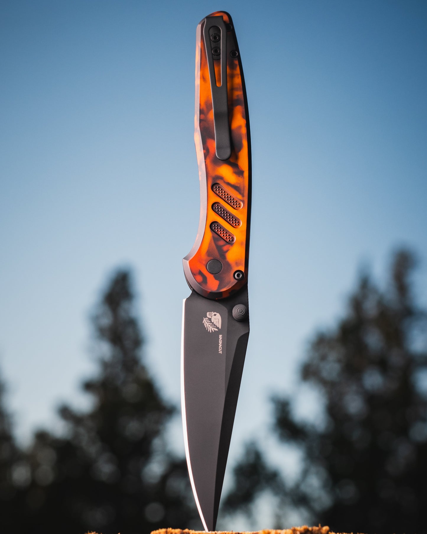 Pro-Tech x Peace Neighbor Avalon PN1104.DF - Solid "Del Fuego" Custom Anodized Aluminum Handle - DLC Black Magnacut Blade - Black Lip Pearl Button - Black Thumb Studs and Hardware - Black Long Deep Carry Clip