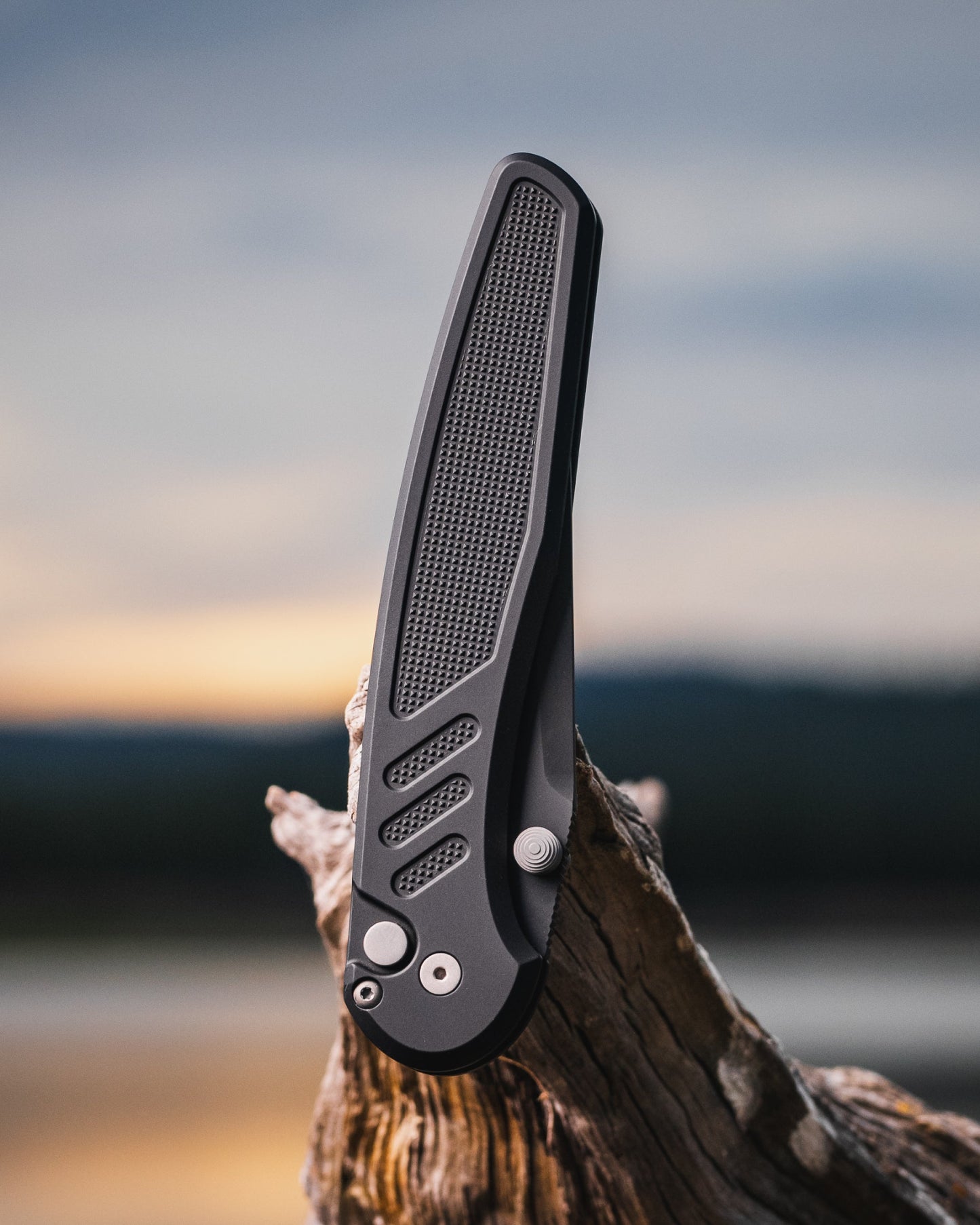 Pro-Tech x Peace Neighbor Avalon PN1103 - Knurled Black Aluminum Handle - DLC Black Magnacut Blade - Blasted Thumb Studs and Hardware - Black Long Deep Carry Clip