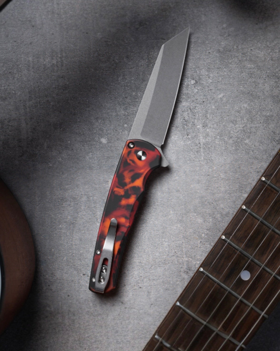 Pro-Tech-Pro-Tech 5401.DF Malibu - "Del Fuego" Custom Anodized Handle - Stonewash Reverse Tanto Magnacut Blade - Black Lip Pearl Button-5-Urban Cutlery