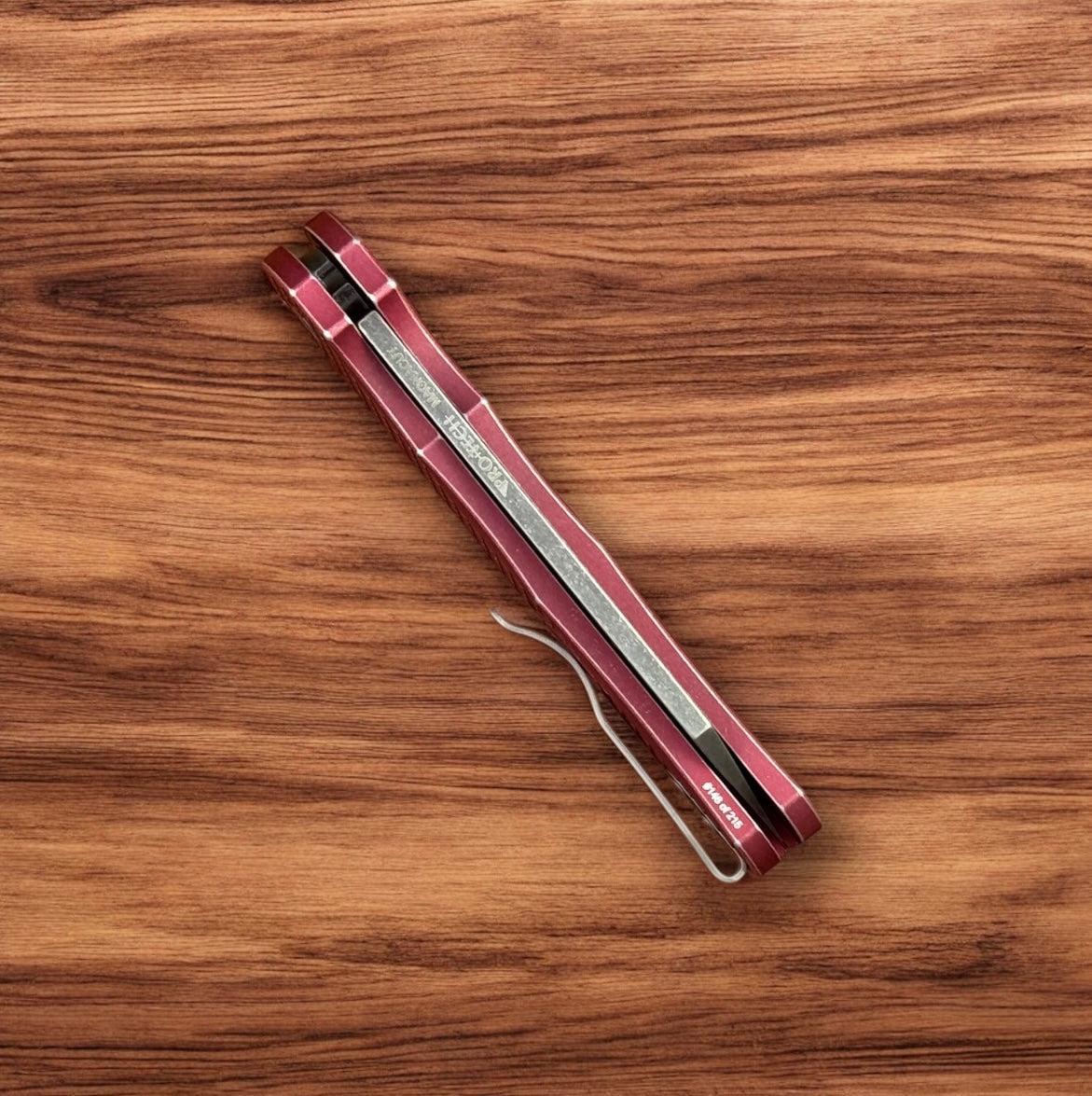 Pro-Tech-Pro-Tech BSA25 Malibu - Battle Worn Red "Dragon Scale" Handle - Acid Washed Reverse Tanto Magnacut Blade - Black Lip Pearl Button /215-3-Urban Cutlery