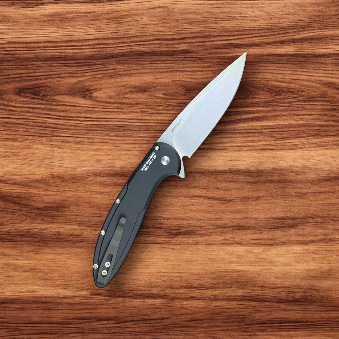 Pro-Tech-Pro-Tech BSA25.Cambria.1 Cambria - Black 6061 Aluminum Handles with TechnoCarbo Teal Inlay - Stonewash Magnacut Blade - Black Lip Button - Satin Hardware /180-4-Urban Cutlery