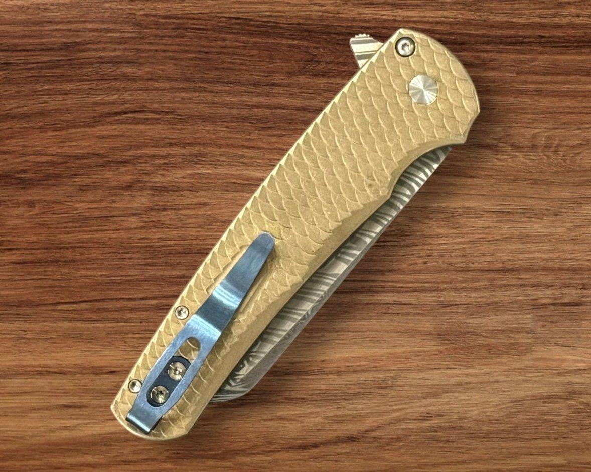 Pro-Tech-Pro-Tech Custom Malibu Blade Show Atlanta 2024 Exclusive Malibu - Distressed A1Bronze "Dragon Scale" Handle - Mike Irie Compound Hand Ground DAMASTEEL Reverse Tanto Blade - Mosaic Pin Push Button - Blue Titanium Clip /60-4-Urban Cutlery