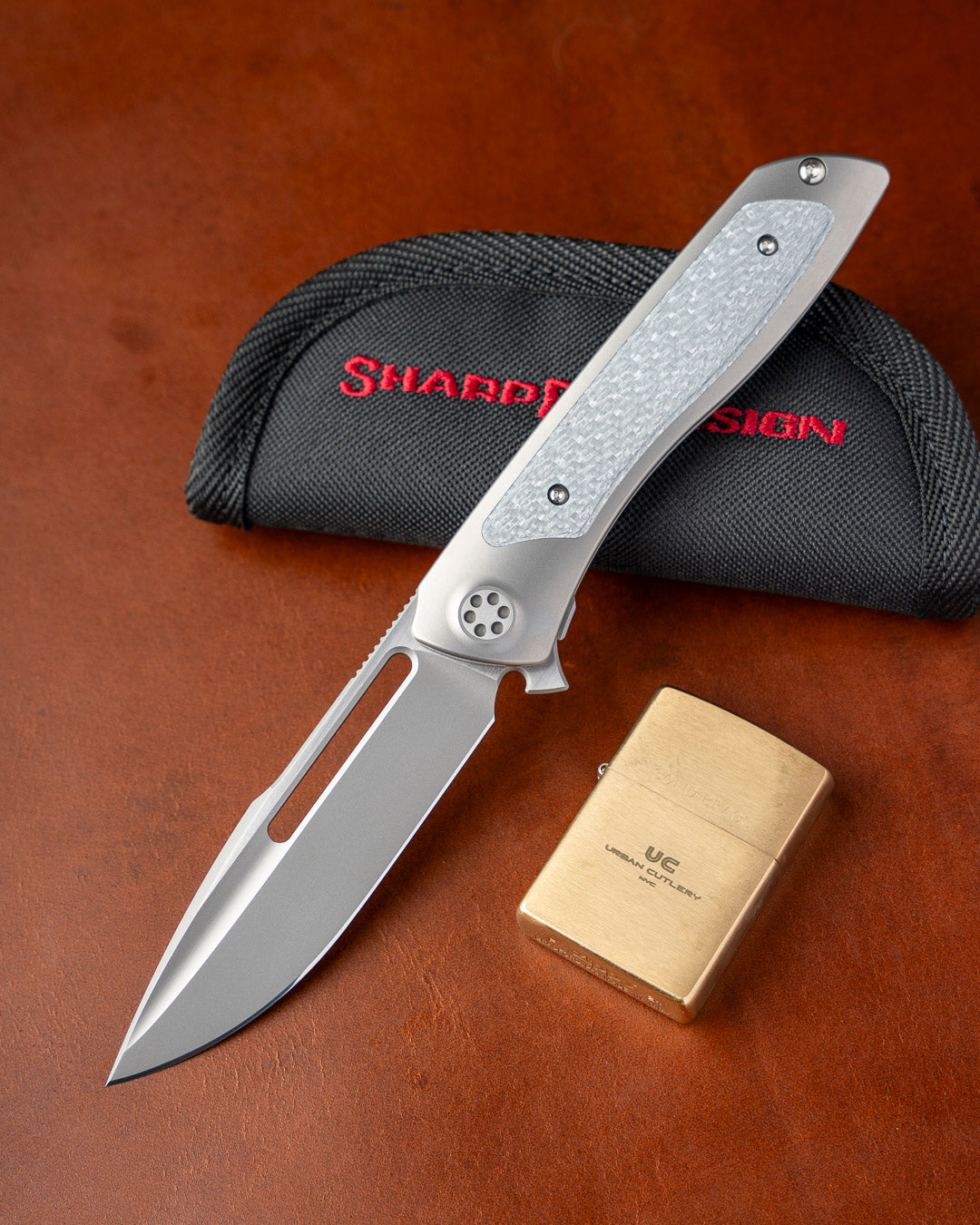 Sharp by Design T10 – Silver Twill Carbon Fiber Inlay Handles - Slotted Blade w/ Satin Flats