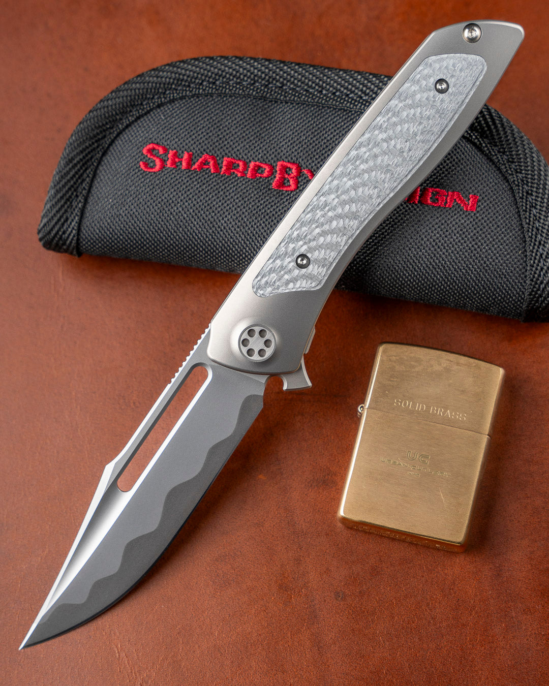 Sharp by Design T10 – Silver Twill Carbon Fiber Inlay Handles - Etched & Slotted Blade