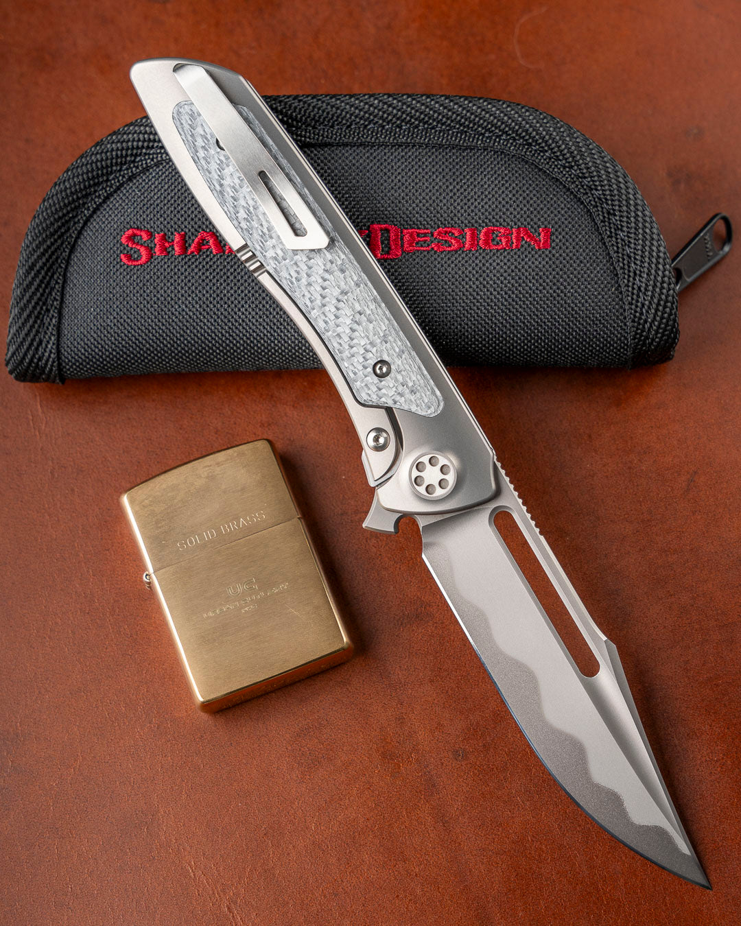 Sharp by Design T10 – Silver Twill Carbon Fiber Inlay Handles - Etched & Slotted Blade