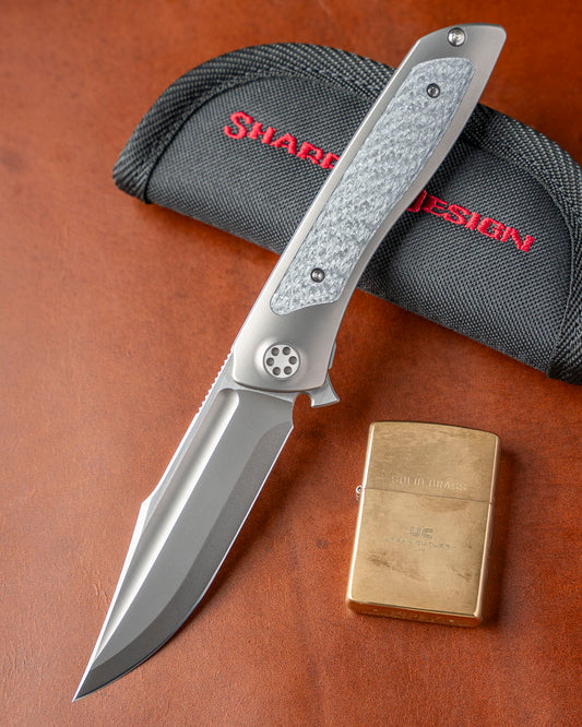 Sharp by Design T10 – Silver Twill Carbon Fiber Inlay Handles - Etched Blade w/ Satin Flats