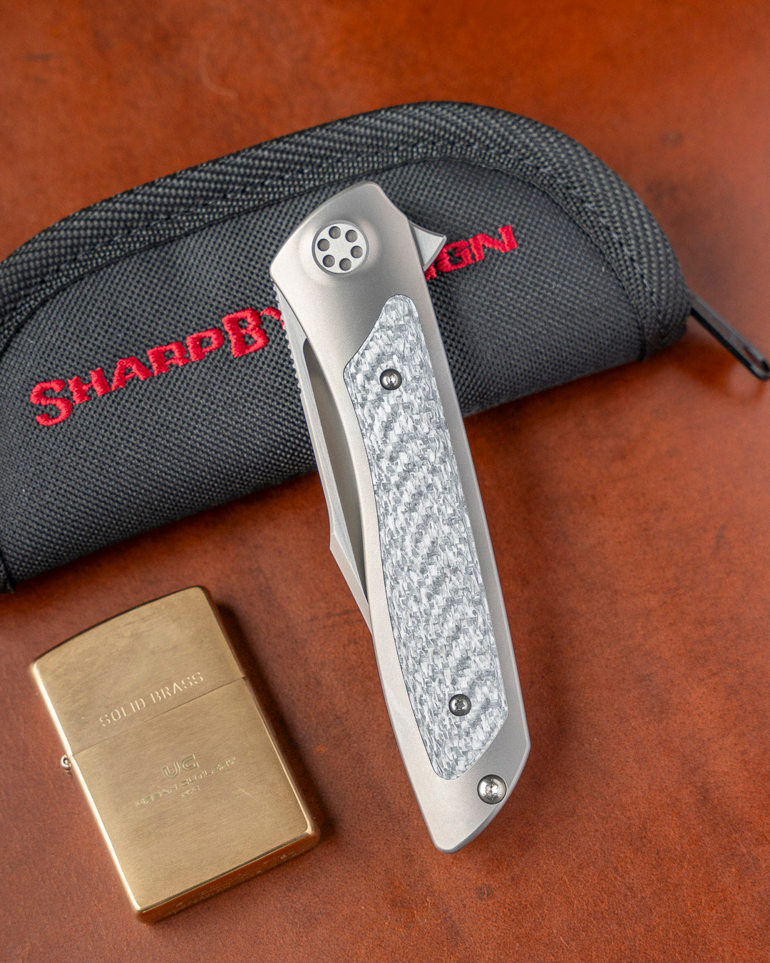 Sharp by Design T10 – Silver Twill Carbon Fiber Inlay Handles - Etched Blade w/ Satin Flats