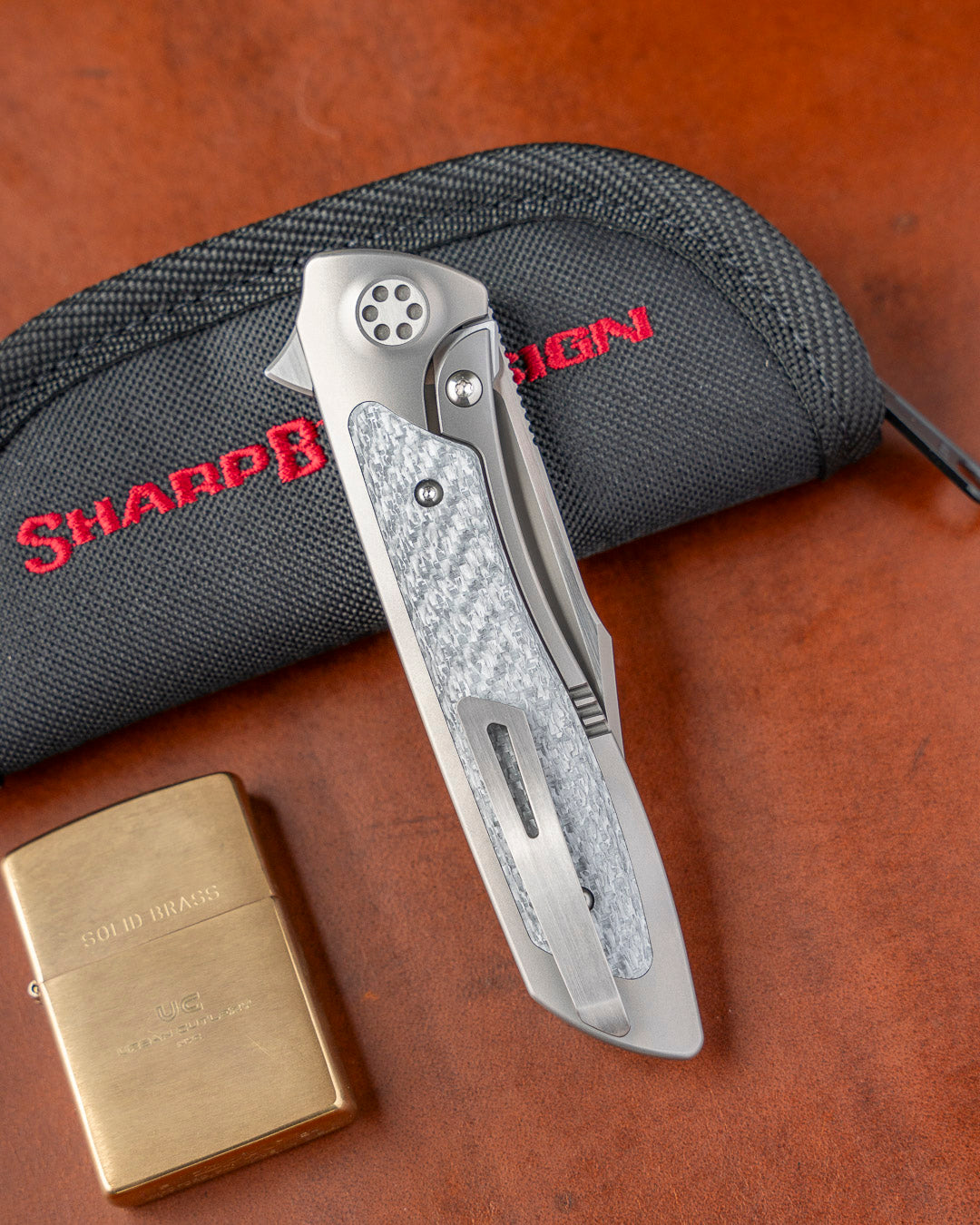 Sharp by Design T10 – Silver Twill Carbon Fiber Inlay Handles - Etched Blade w/ Satin Flats