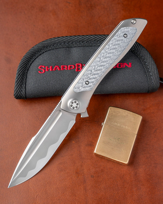 Sharp by Design T10 – Silver Twill Carbon Fiber Inlay Handles - Etched Blade