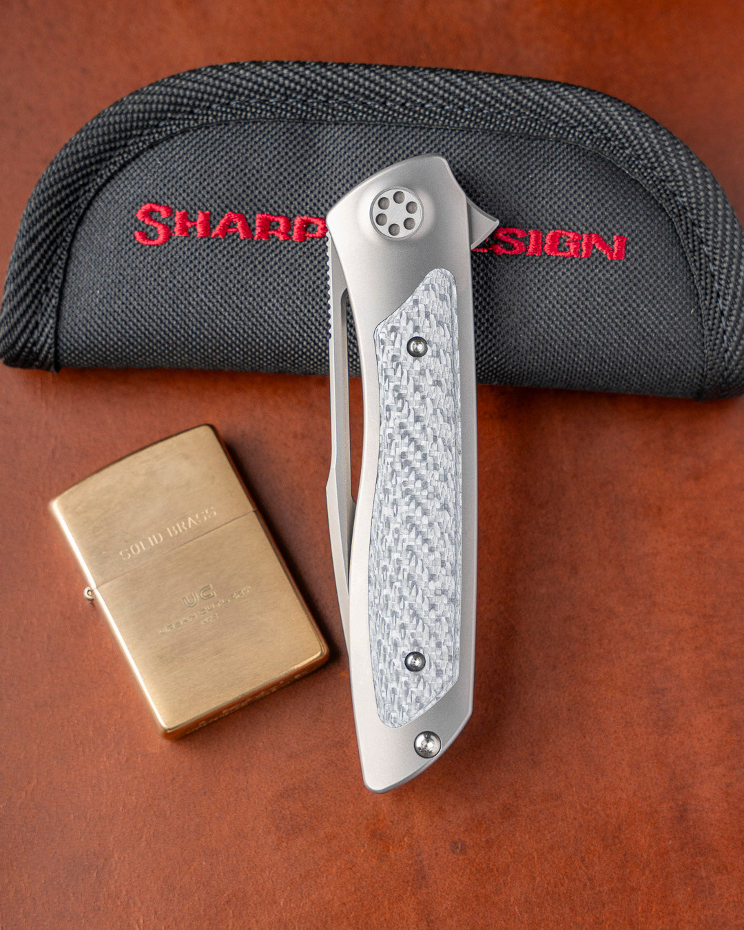 Sharp by Design T10 – Silver Twill Carbon Fiber Inlay Handles - Etched & Slotted Blade