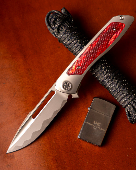 Sharp by Design T10 – Red Pearl Kirinite Inlay Handles - Etched & Slotted Blade