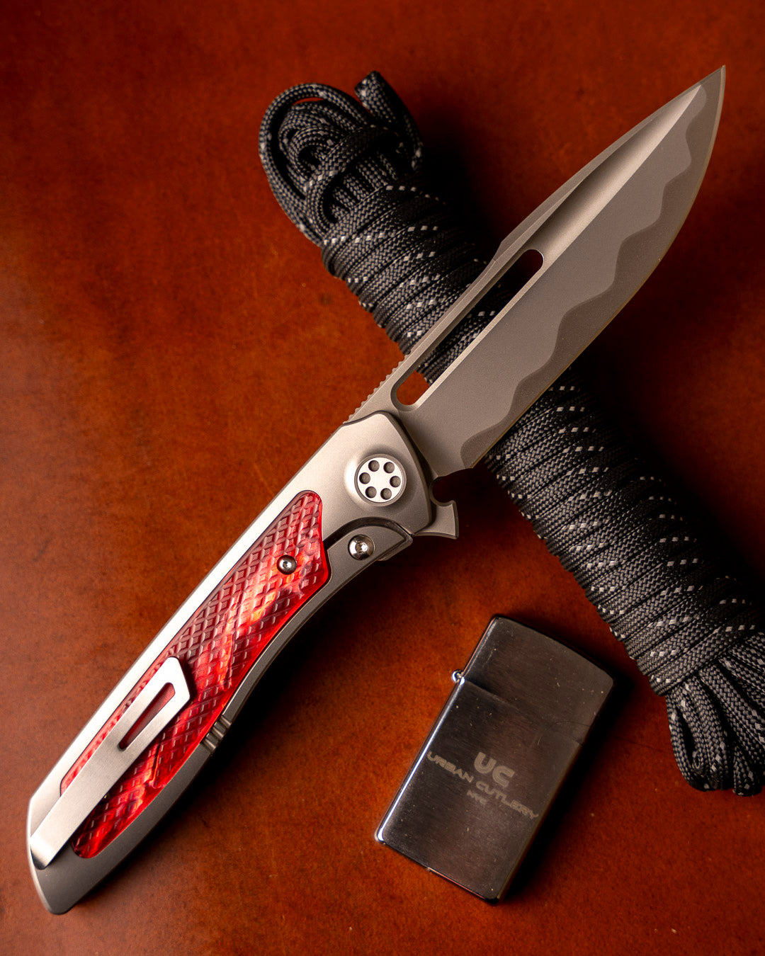 Sharp by Design T10 – Red Pearl Kirinite Inlay Handles - Etched & Slotted Blade