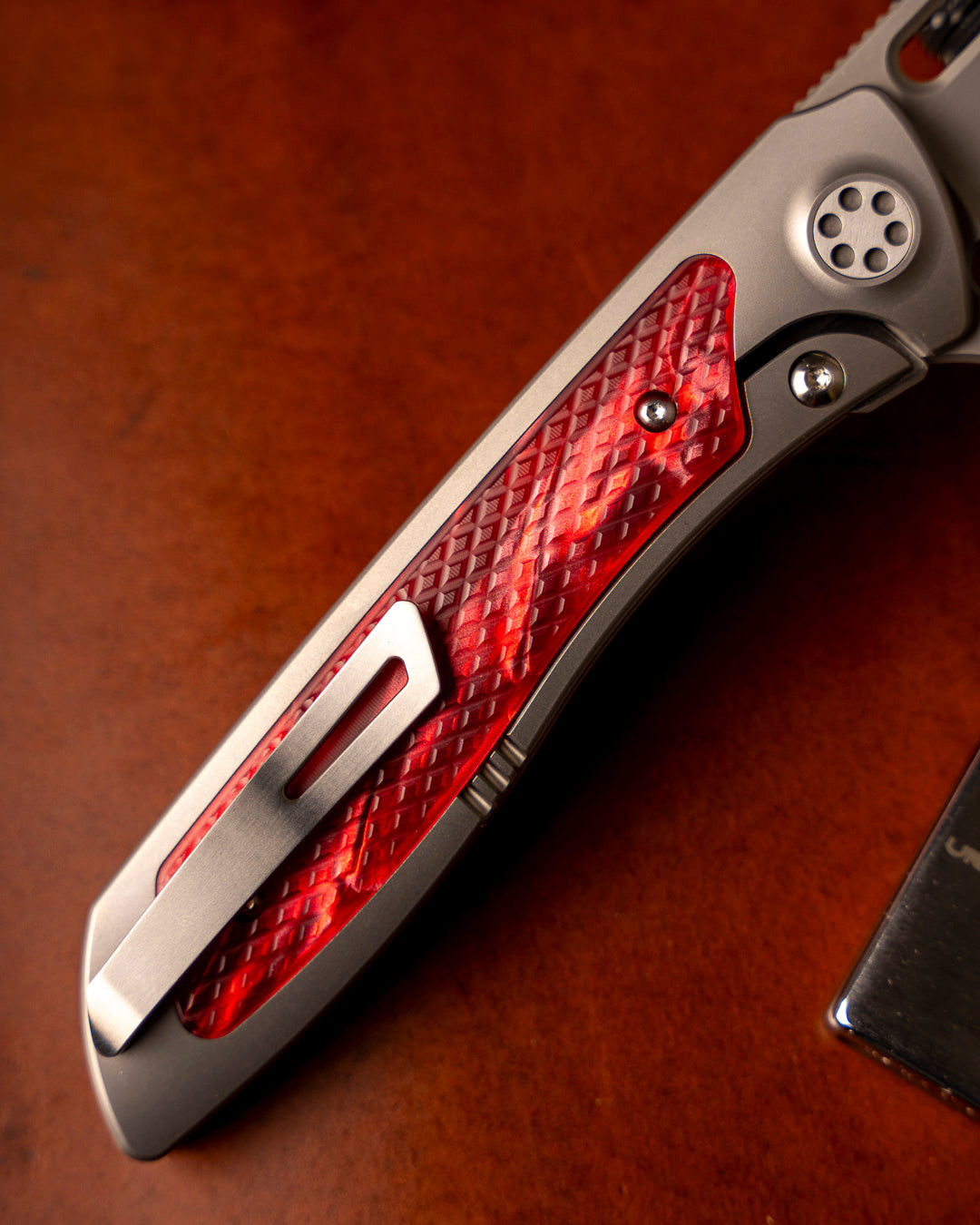 Sharp by Design T10 – Red Pearl Kirinite Inlay Handles - Etched & Slotted Blade