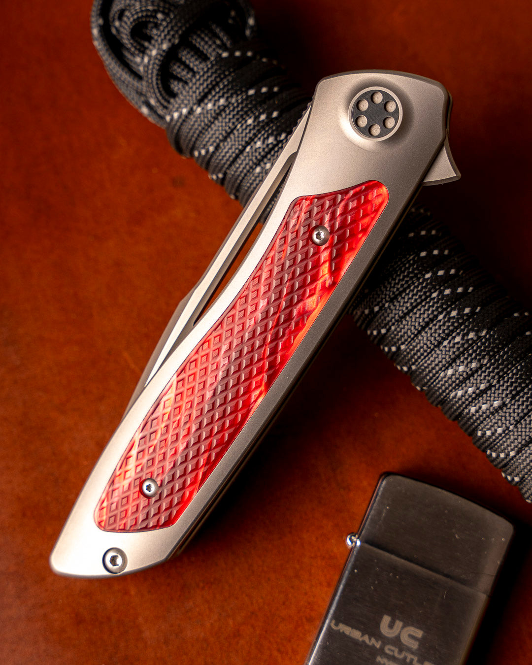 Sharp by Design T10 – Red Pearl Kirinite Inlay Handles - Etched & Slotted Blade