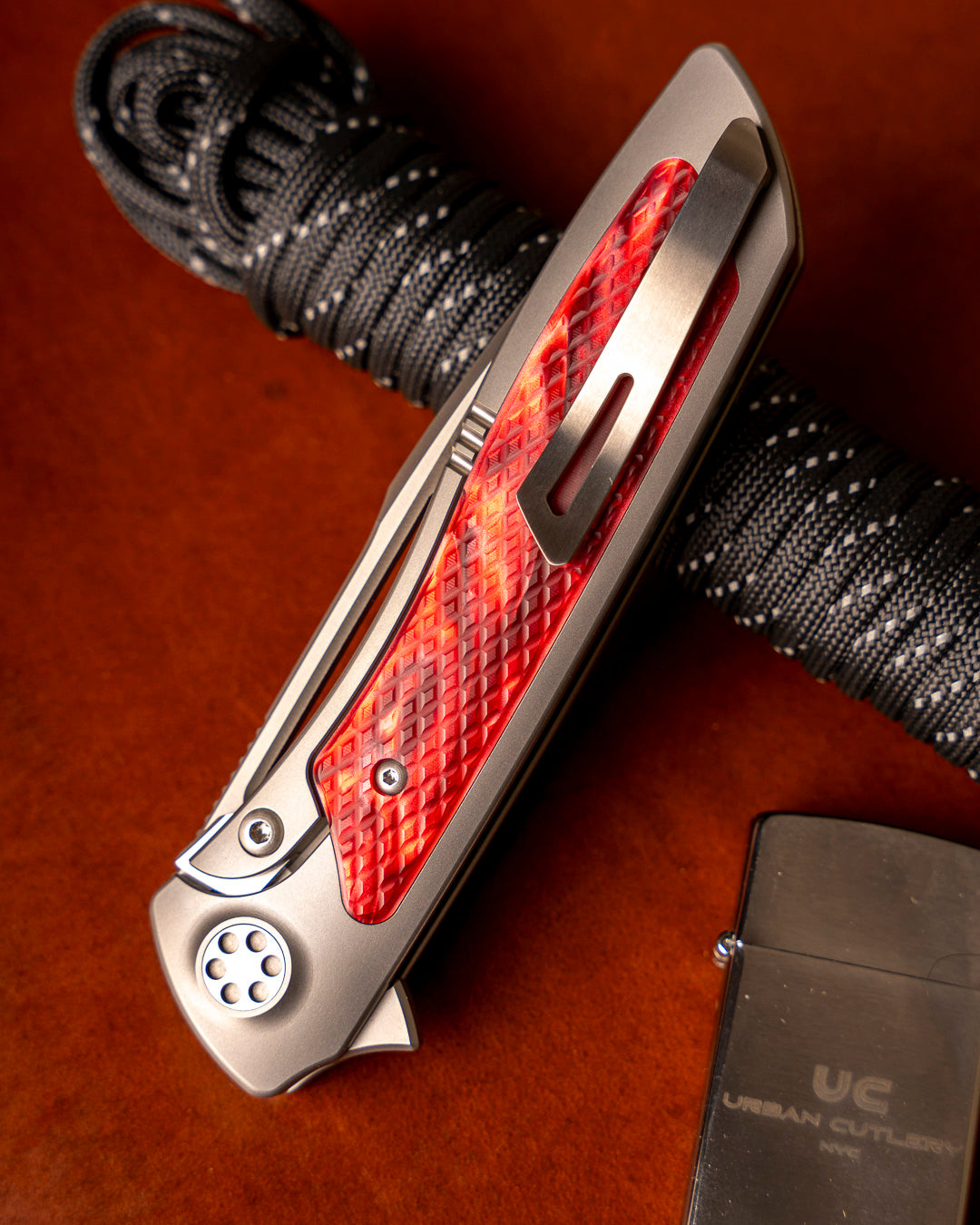 Sharp by Design T10 – Red Pearl Kirinite Inlay Handles - Etched & Slotted Blade