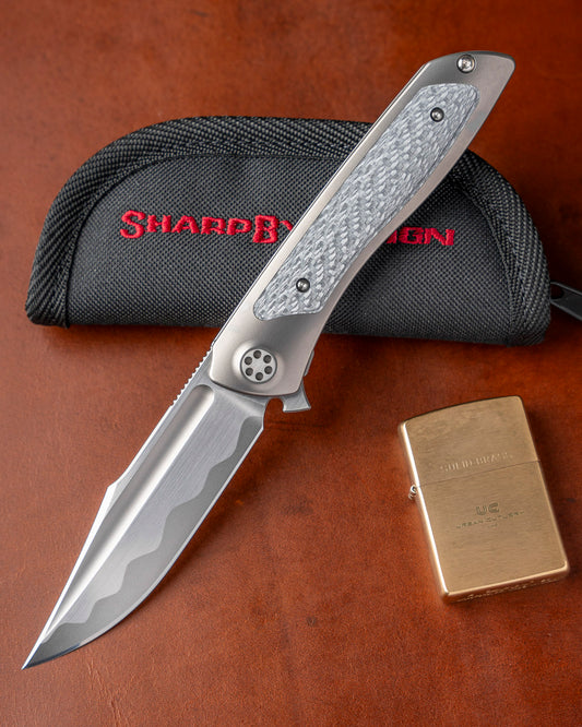 Sharp by Design T10 – Silver Twill Carbon Fiber Inlay Handle - Hand Rubbed & Etched Blade