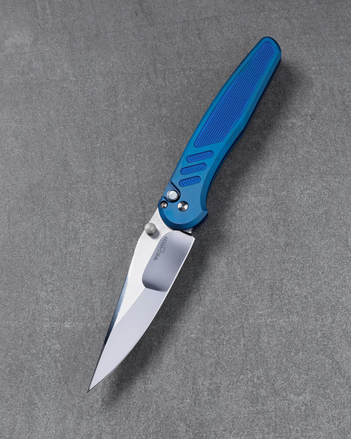Pro-Tech Duke x Peace Neighbor CCKS Fall 2026 Exclusive Custom Avalon (2026 Avalon Custom 011) - Sapphire Blue Knurled 17-4 Heat Treated Steel Handle - Mirror Polished Mike Irie Compound Ground 154CM Blade - Pearl Button - Satin Thumb Studs /40