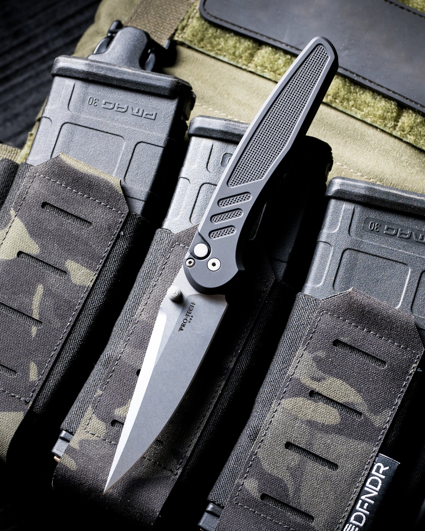 Pro-Tech x Peace Neighbor Avalon PN1101  - Knurled Black Black Aluminum Handle - Stonewash Magnacut Blade - Blasted Thumb Studs and Hardware - Black Long Deep Carry Clip