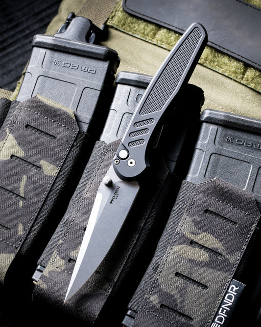 Pro-Tech x Peace Neighbor Avalon PN1101  - Knurled Black Black Aluminum Handle - Stonewash Magnacut Blade - Blasted Thumb Studs and Hardware - Black Long Deep Carry Clip