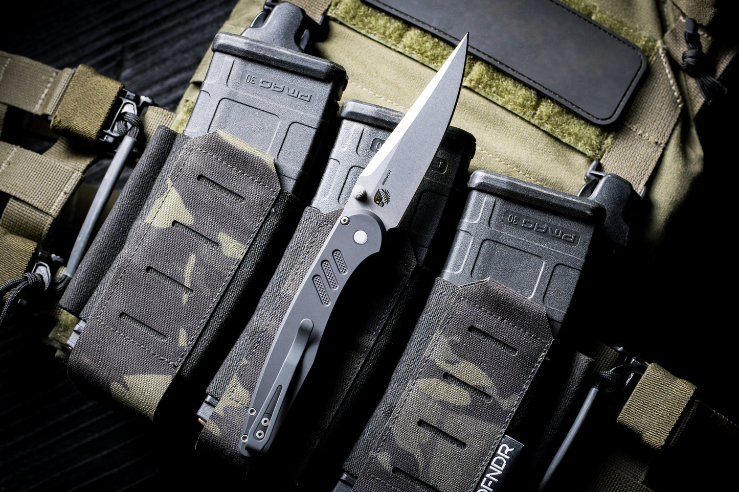 Pro-Tech x Peace Neighbor Avalon PN1101  - Knurled Black Black Aluminum Handle - Stonewash Magnacut Blade - Blasted Thumb Studs and Hardware - Black Long Deep Carry Clip