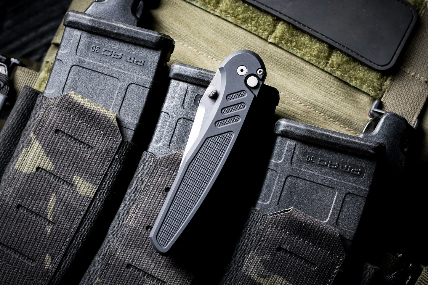 Pro-Tech x Peace Neighbor Avalon PN1101  - Knurled Black Black Aluminum Handle - Stonewash Magnacut Blade - Blasted Thumb Studs and Hardware - Black Long Deep Carry Clip