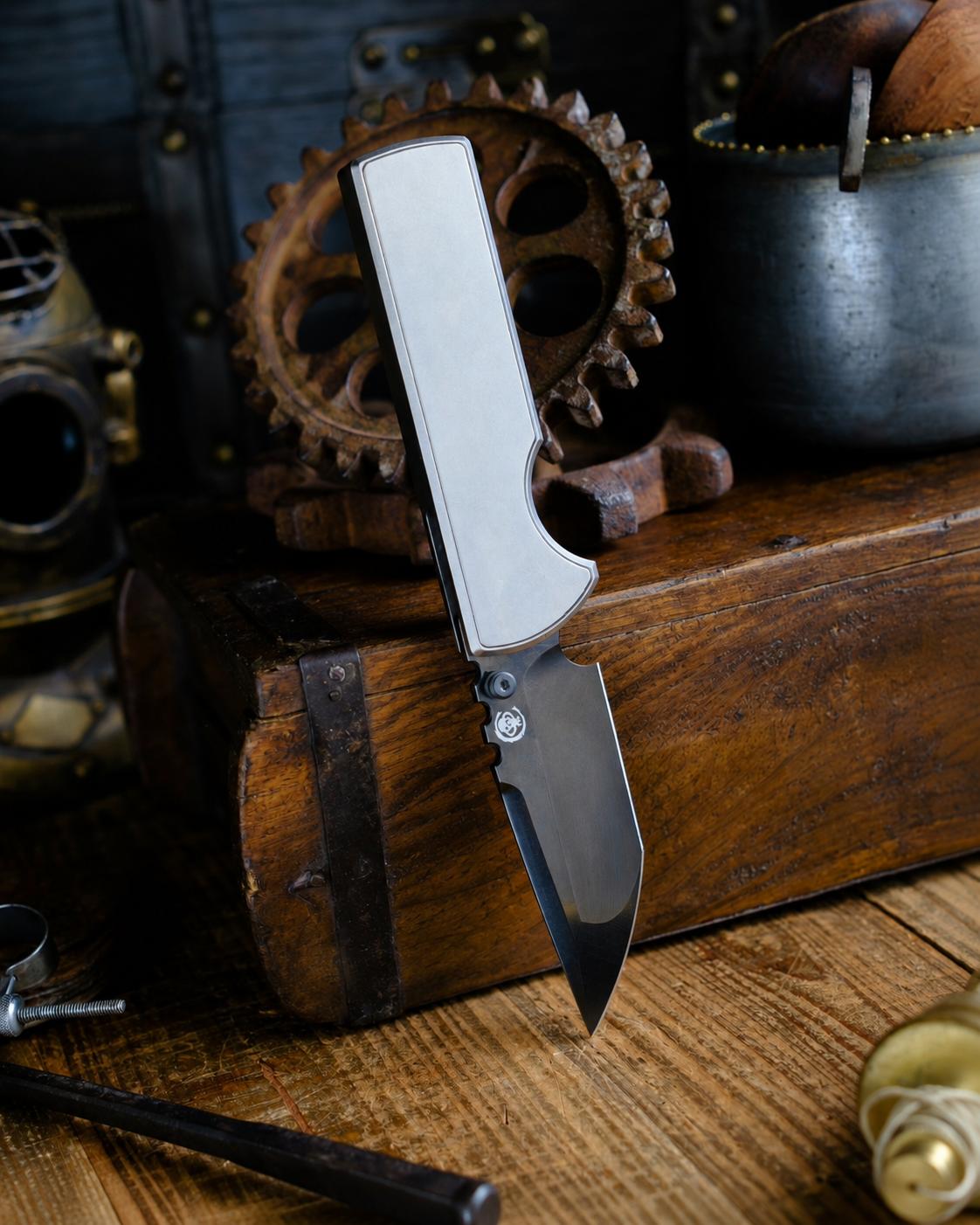 Chaves Knives-Chaves Knives N.T.A.K. Integral Frame Lock - Bright Stonewash Titanium Handles - DLC Black M390 Tanto Blade-1-Urban Cutlery
