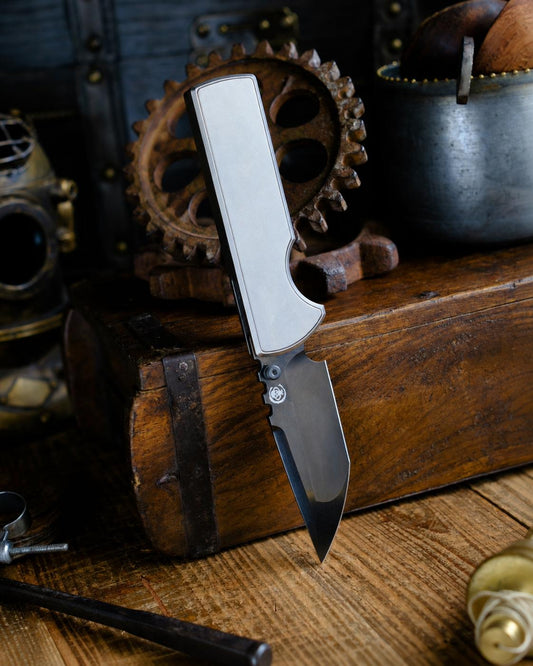 Chaves Knives-Chaves Knives N.T.A.K. Integral Frame Lock - Bright Stonewash Titanium Handles - DLC Black M390 Tanto Blade-1-Urban Cutlery