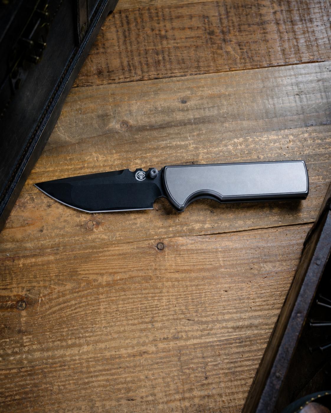 Chaves Knives-Chaves Knives N.T.A.K. Integral Frame Lock - Bright Stonewash Titanium Handles - DLC Black M390 Tanto Blade-2-Urban Cutlery