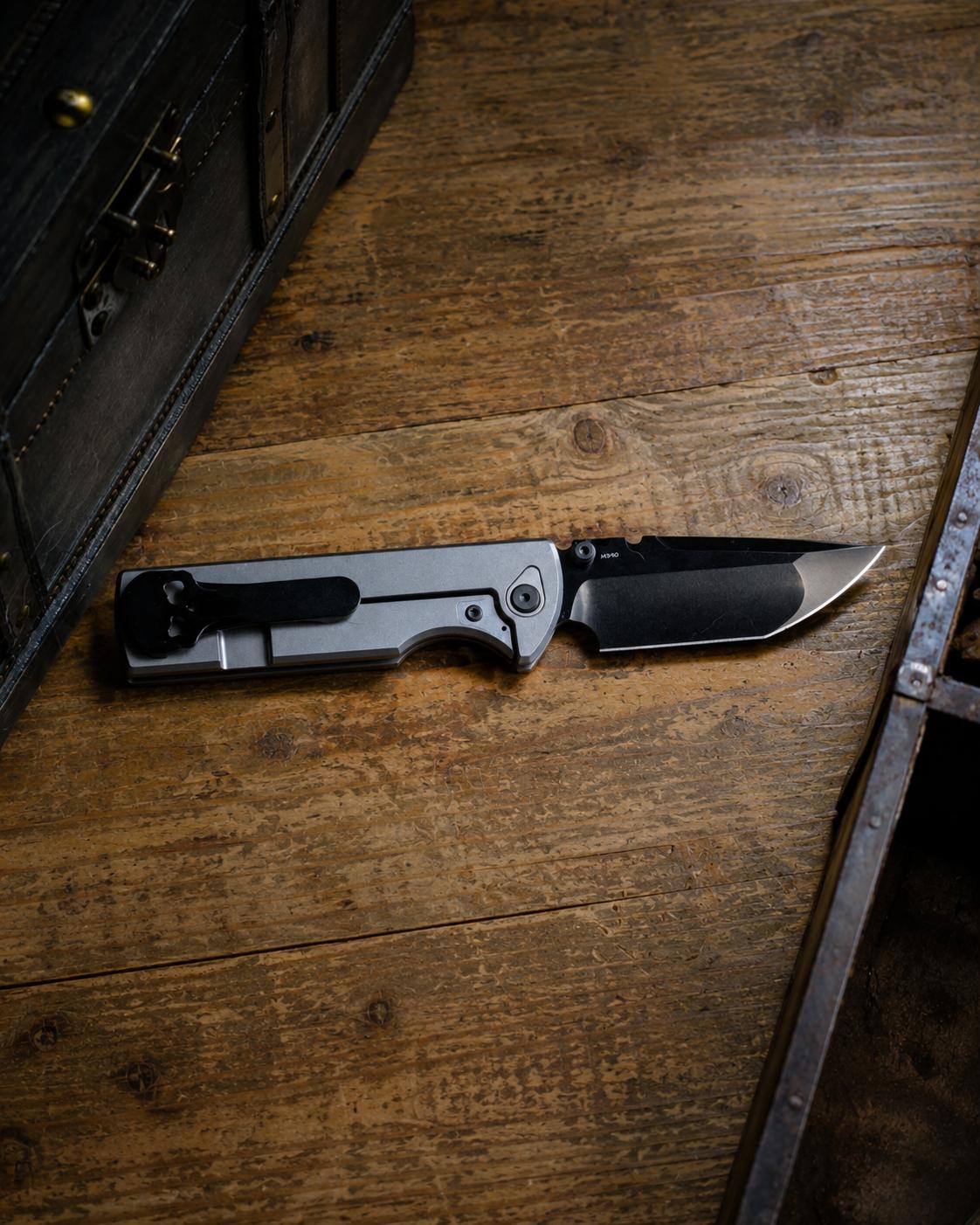 Chaves Knives-Chaves Knives N.T.A.K. Integral Frame Lock - Bright Stonewash Titanium Handles - DLC Black M390 Tanto Blade-3-Urban Cutlery