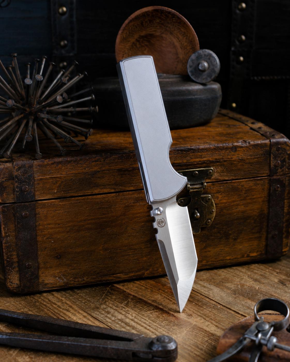 Chaves Knives-Chaves Knives N.T.A.K. Integral Frame Lock - Stonewash Titanium Handles - Belt Satin M390 Tanto Blade-1-Urban Cutlery