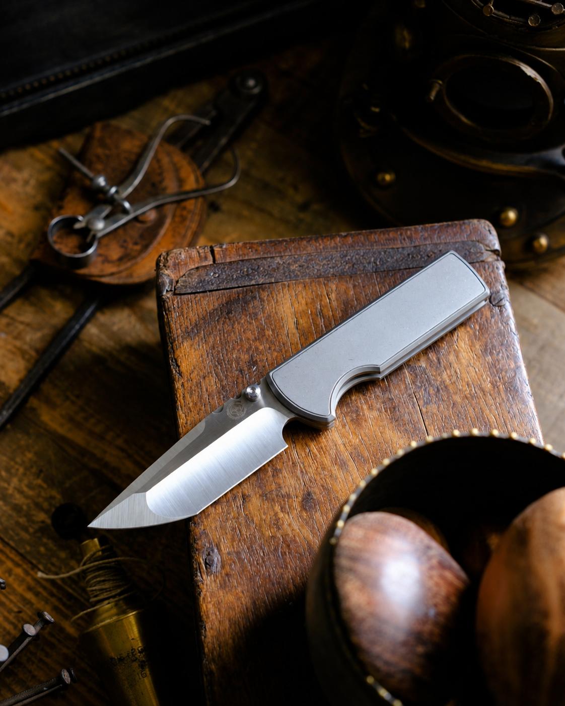 Chaves Knives-Chaves Knives N.T.A.K. Integral Frame Lock - Stonewash Titanium Handles - Belt Satin M390 Tanto Blade-2-Urban Cutlery