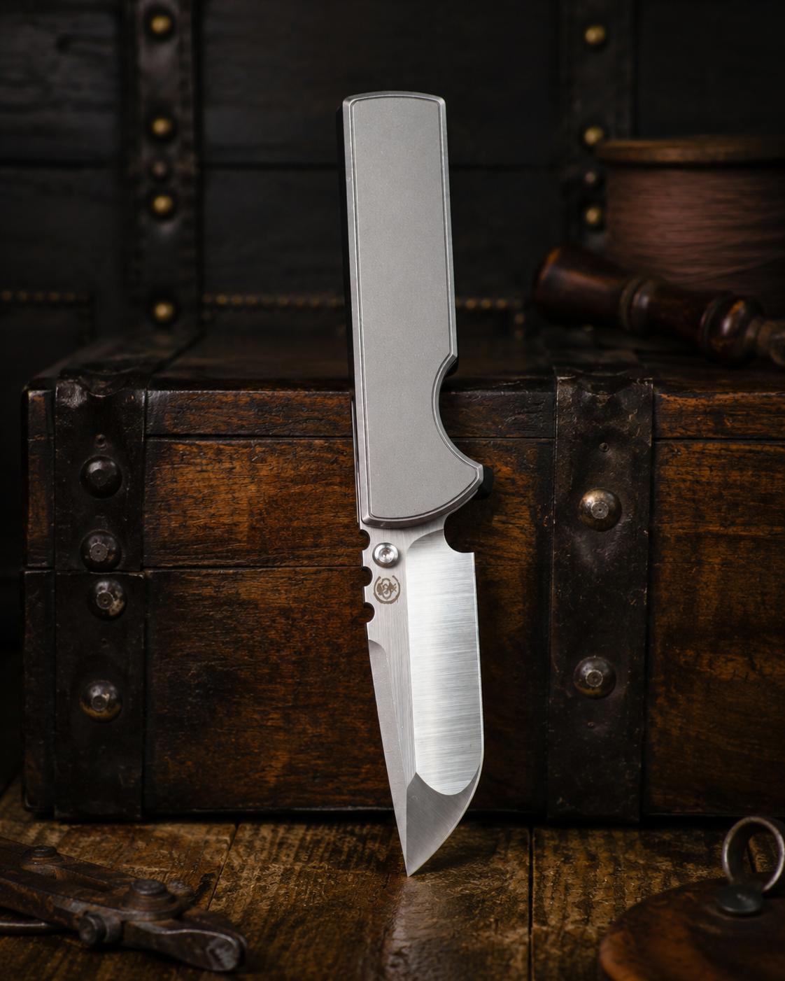 Chaves Knives-Chaves Knives T.A.K. Integral Frame Lock - Stonewash Titanium Handles - Belt Satin M390 Drop Point Blade-1-Urban Cutlery